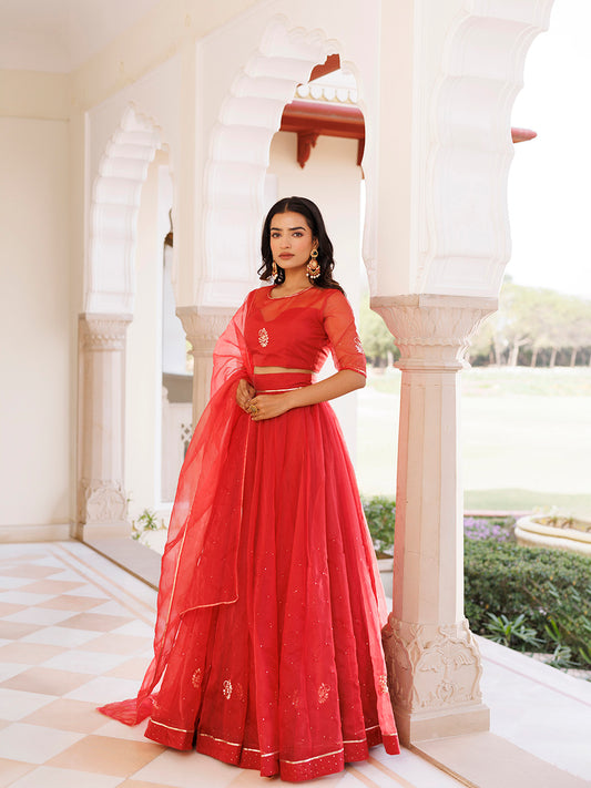 Savvy Red Mukaish Work Lehenga Set