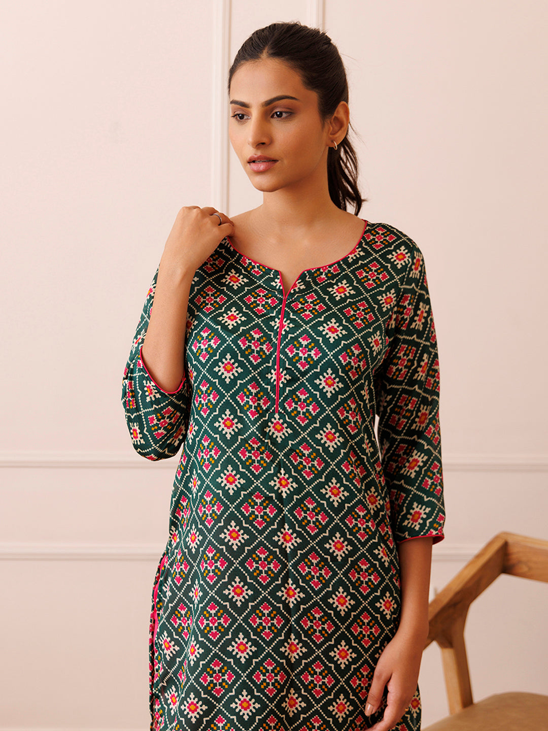 Pine Green and Pink Patola Printed Kurta Set