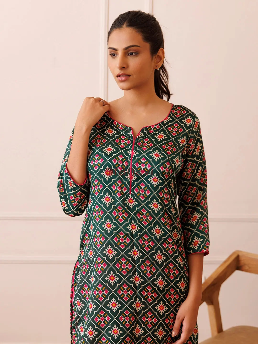 Pine Green and Pink Patola Printed Kurta Set - Ragavi