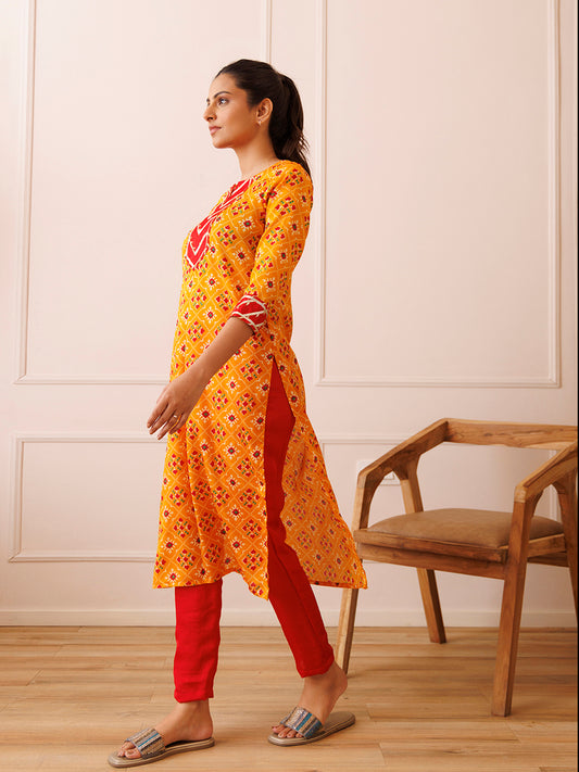 Yellow and Red Patola Printed Kurta Set