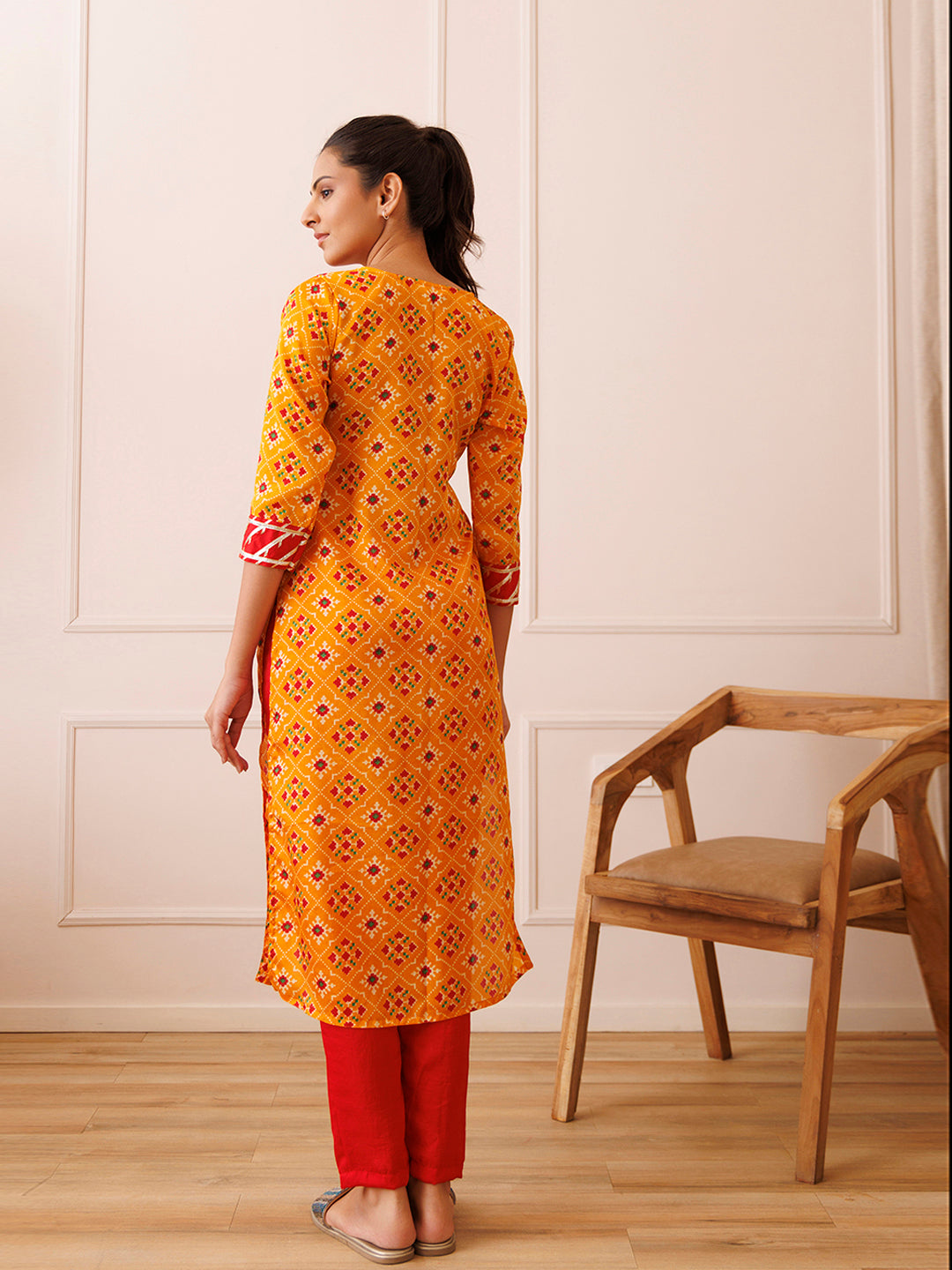 Yellow and Red Patola Printed Kurta Set