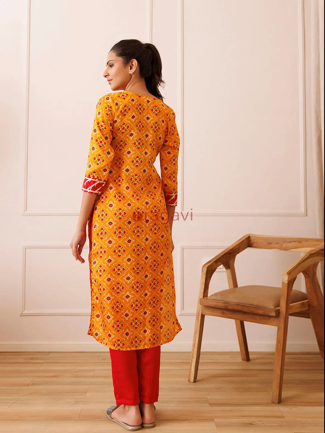 Yellow and Red Patola Printed Kurta Set - Ragavi