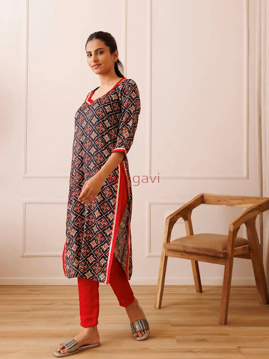 Black Red Patola Printed Kurta Set - Ragavi