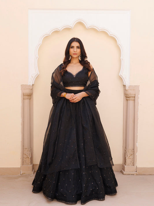 Diamente Black Organza Mukaish work Lehenga Set