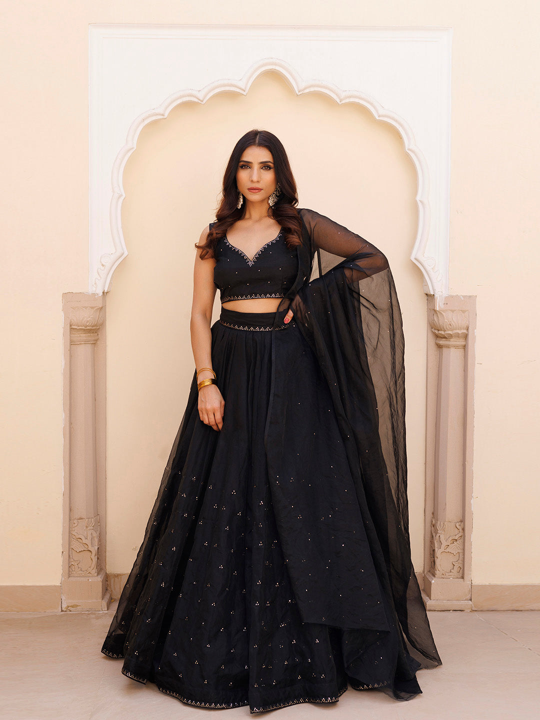 Diamente Black Organza Mukaish work Lehenga Set