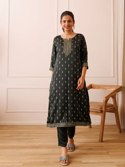 Emerald Green Gold Foil Kurta Set