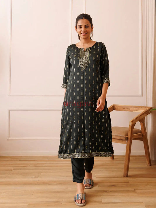 Emerald Green Gold Foil Kurta Set - Ragavi
