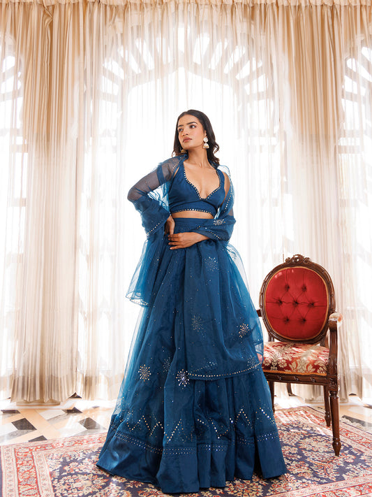 Mosaic Blue Organza Mukaish Work Lehenga Set