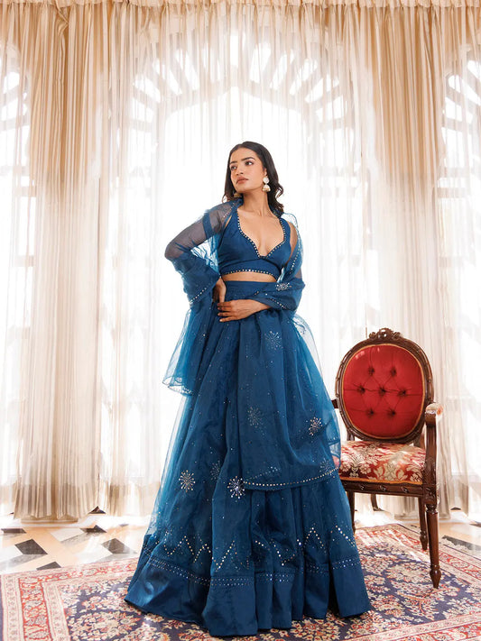 Mosaic Blue Organza Mukaish Work Lehenga Set RAGAVI