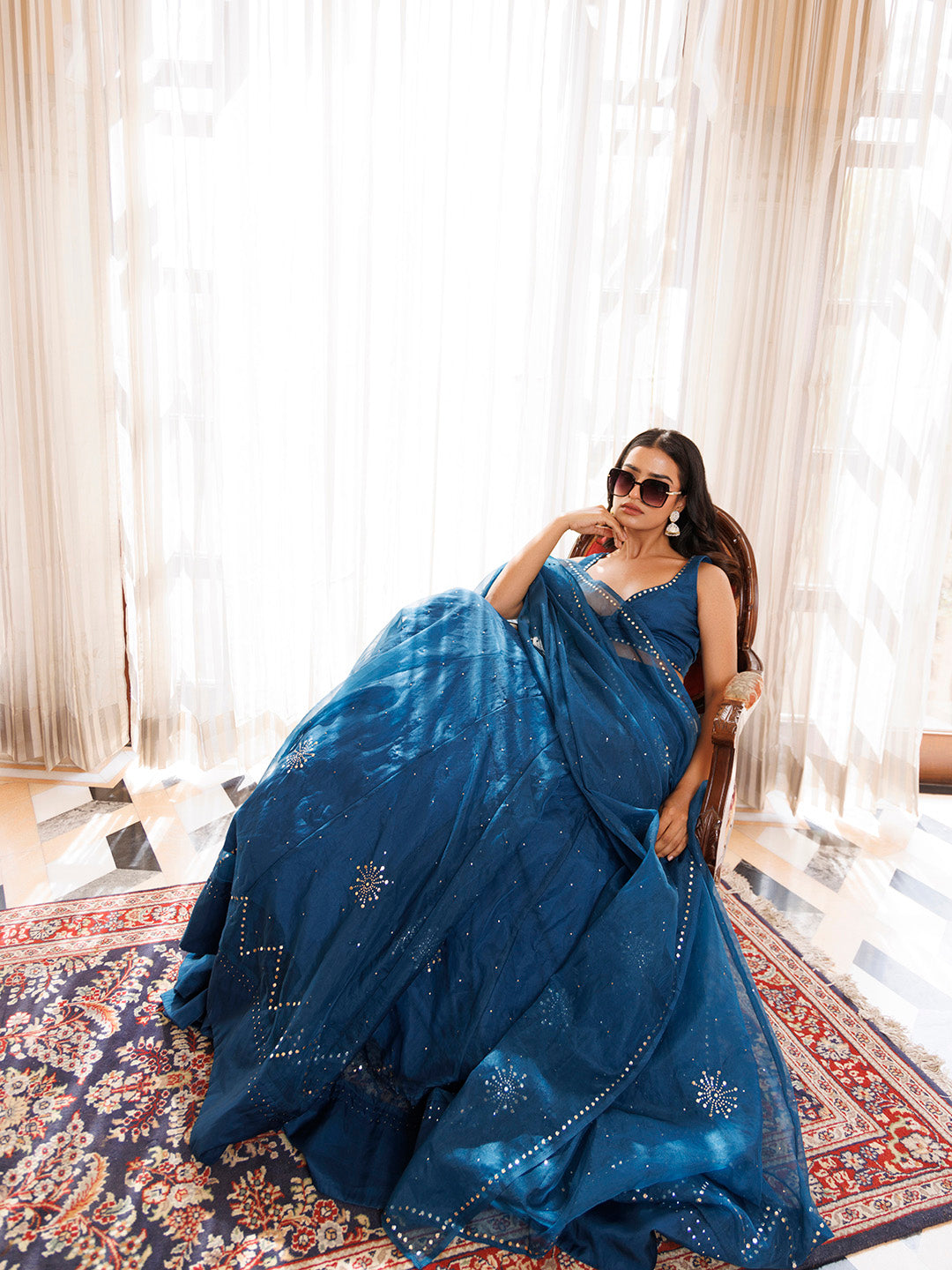 Mosaic Blue Organza Mukaish Work Lehenga Set