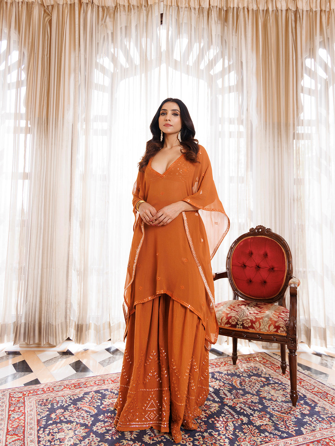 Rustic Brown Cotton Embroidered Garara Set