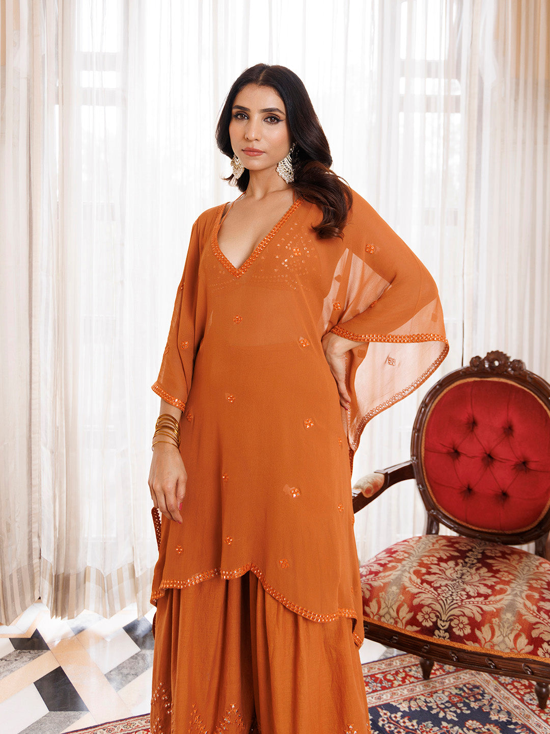 Rustic Brown Cotton Embroidered Garara Set