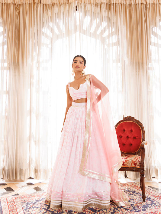 Barely Pink and White Handblock Printed Cotton Lehenga Set