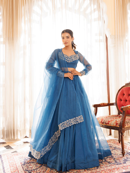 Navy Blue Organza Lehenga Set