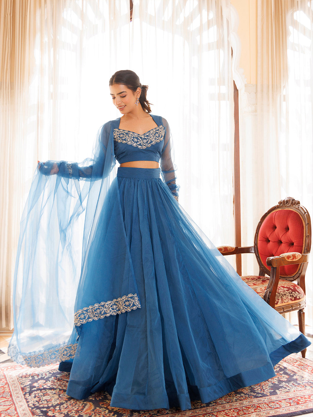 Navy Blue Organza Lehenga Set