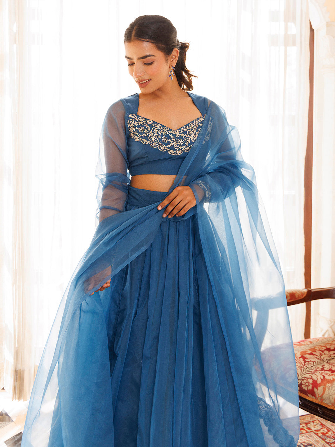 Navy Blue Organza Lehenga Set