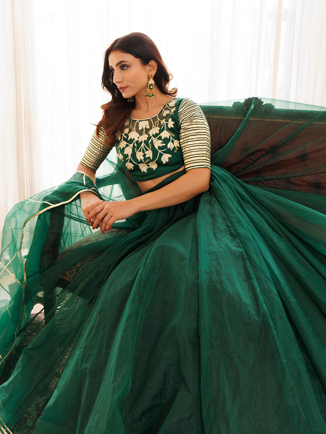Emerald Green Organza Lehenga Set