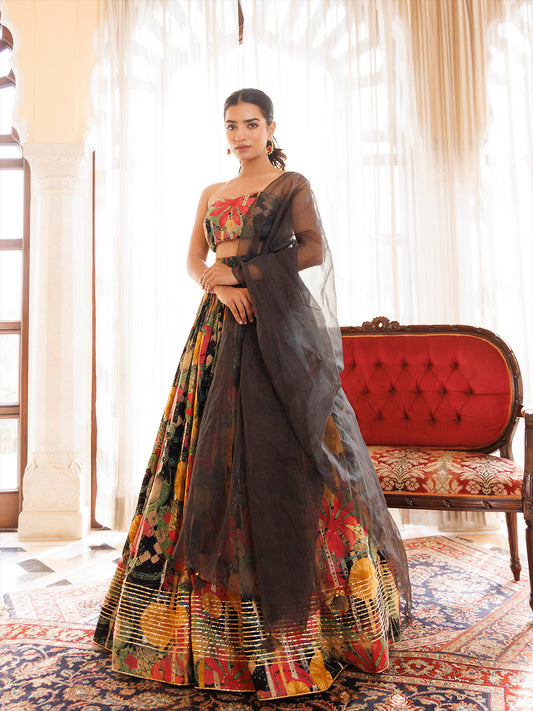 Black Gables Printed Cotton Lehenga Set