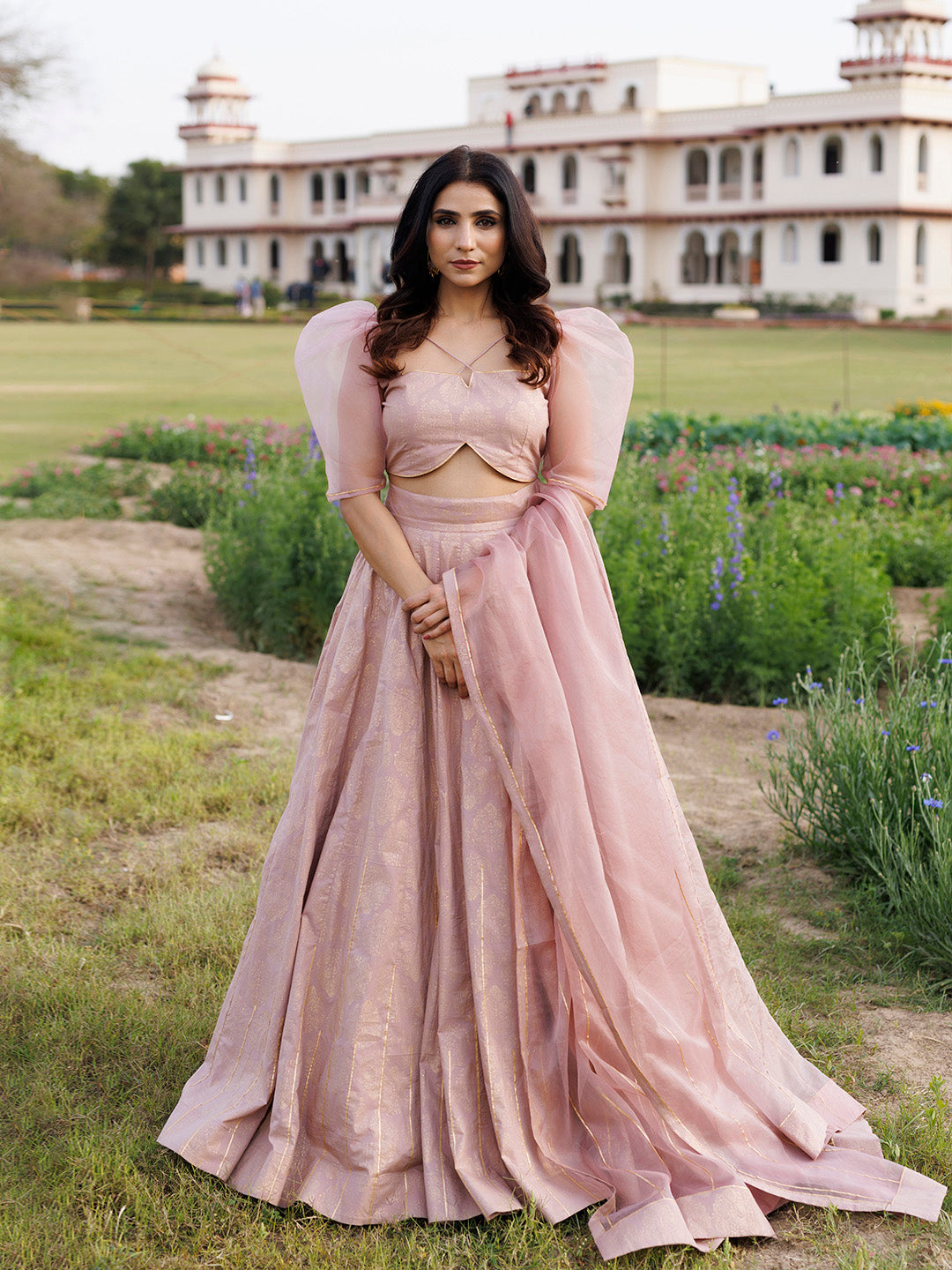 Rose Shadow Pink Handblock Printed Lehenga Set