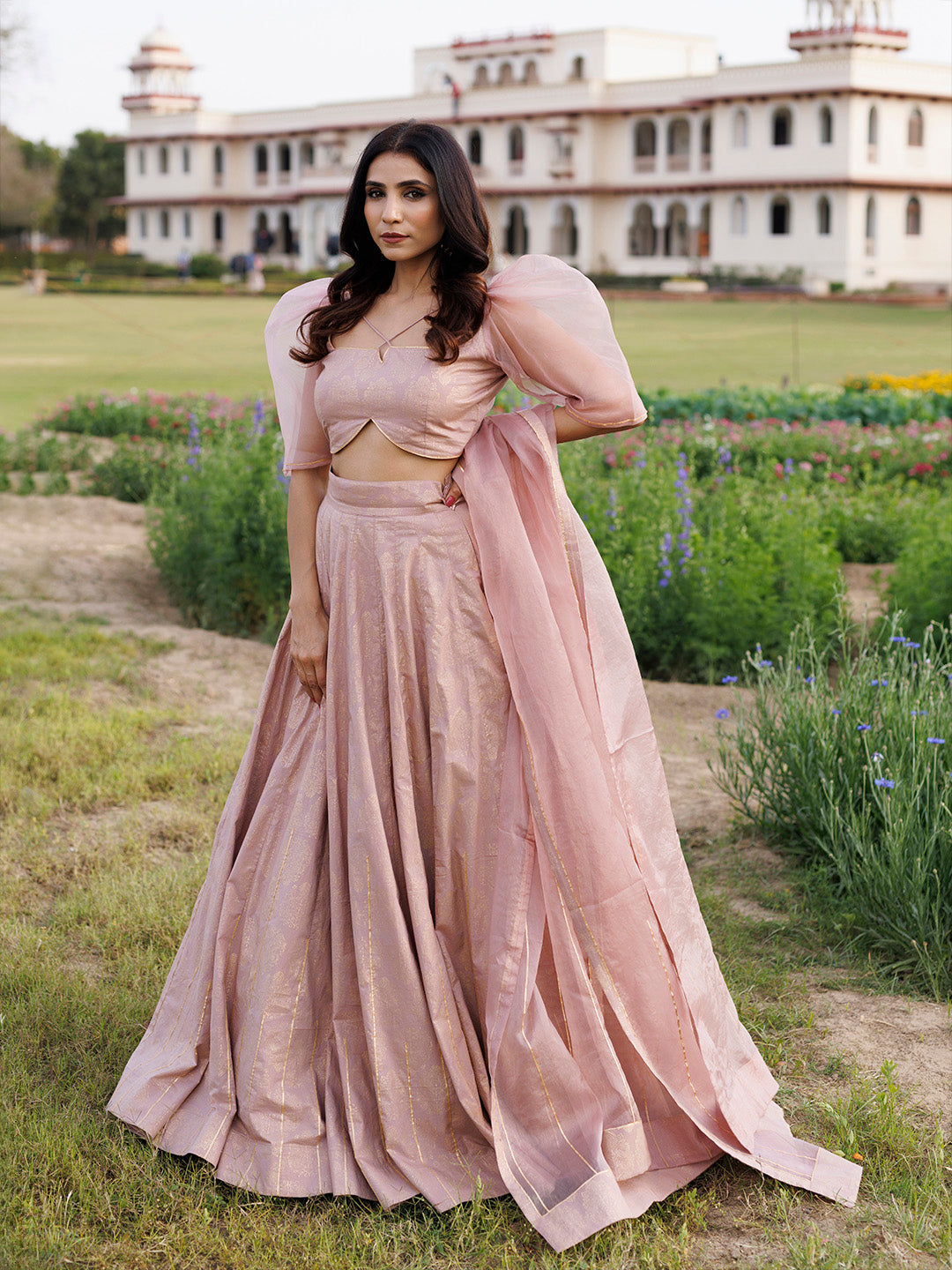 Rose Shadow Pink Handblock Printed Lehenga Set