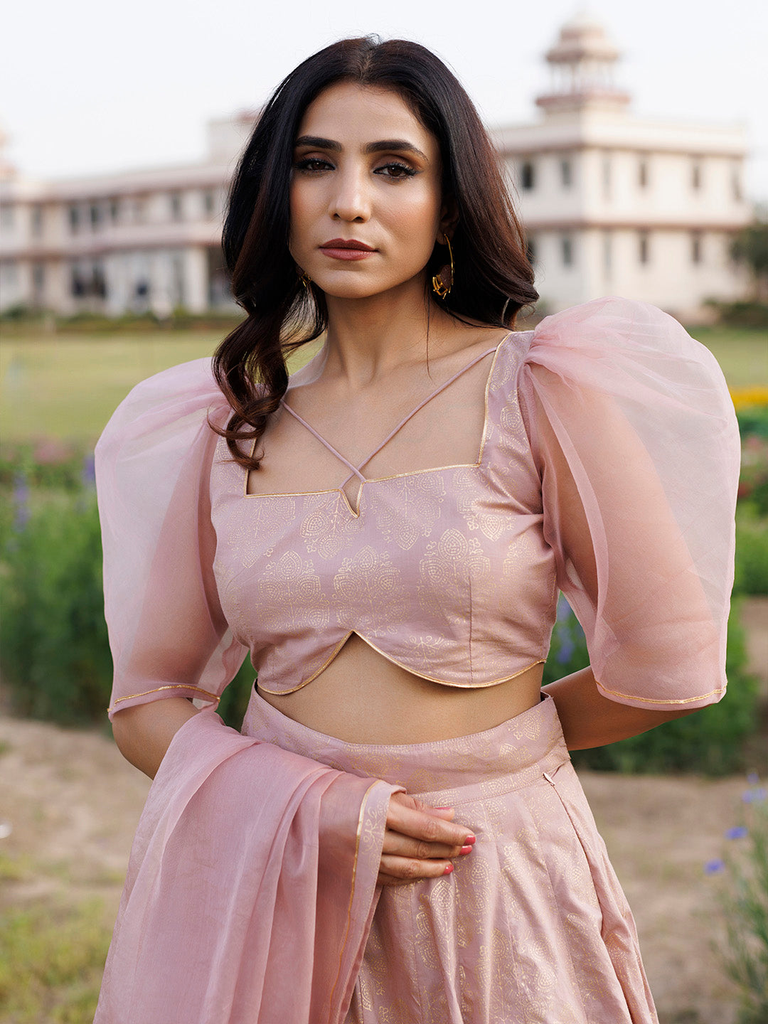Rose Shadow Pink Handblock Printed Lehenga Set