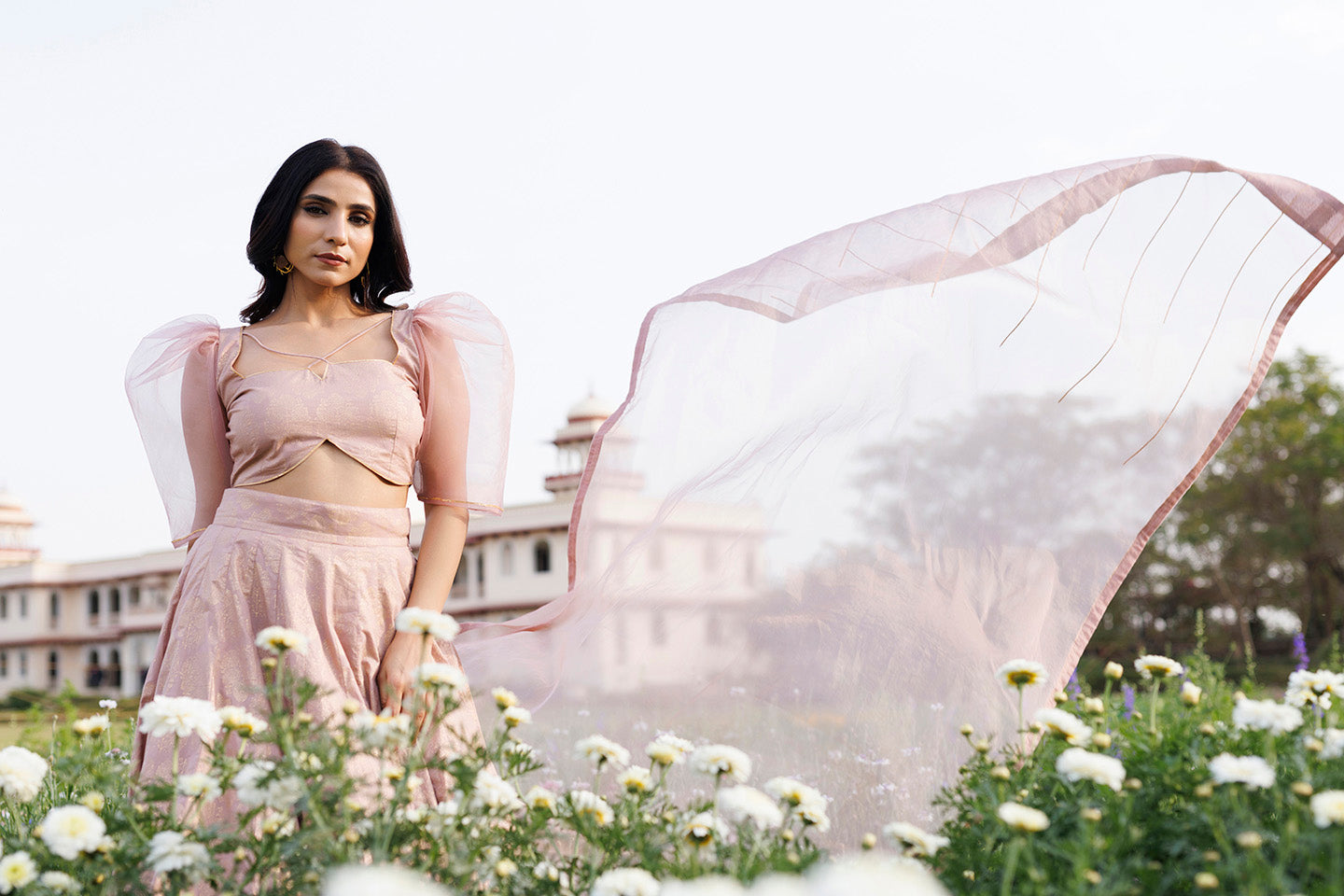 Rose Shadow Pink Handblock Printed Lehenga Set