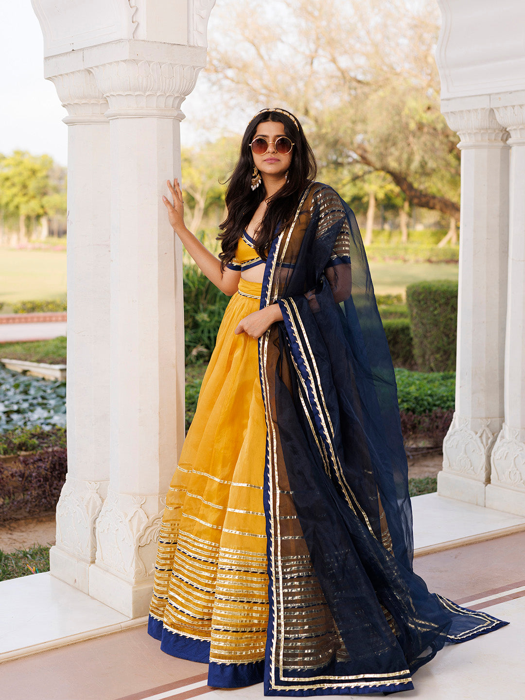 Sunset Gold Yellow and Navy Blue Lehenga Set