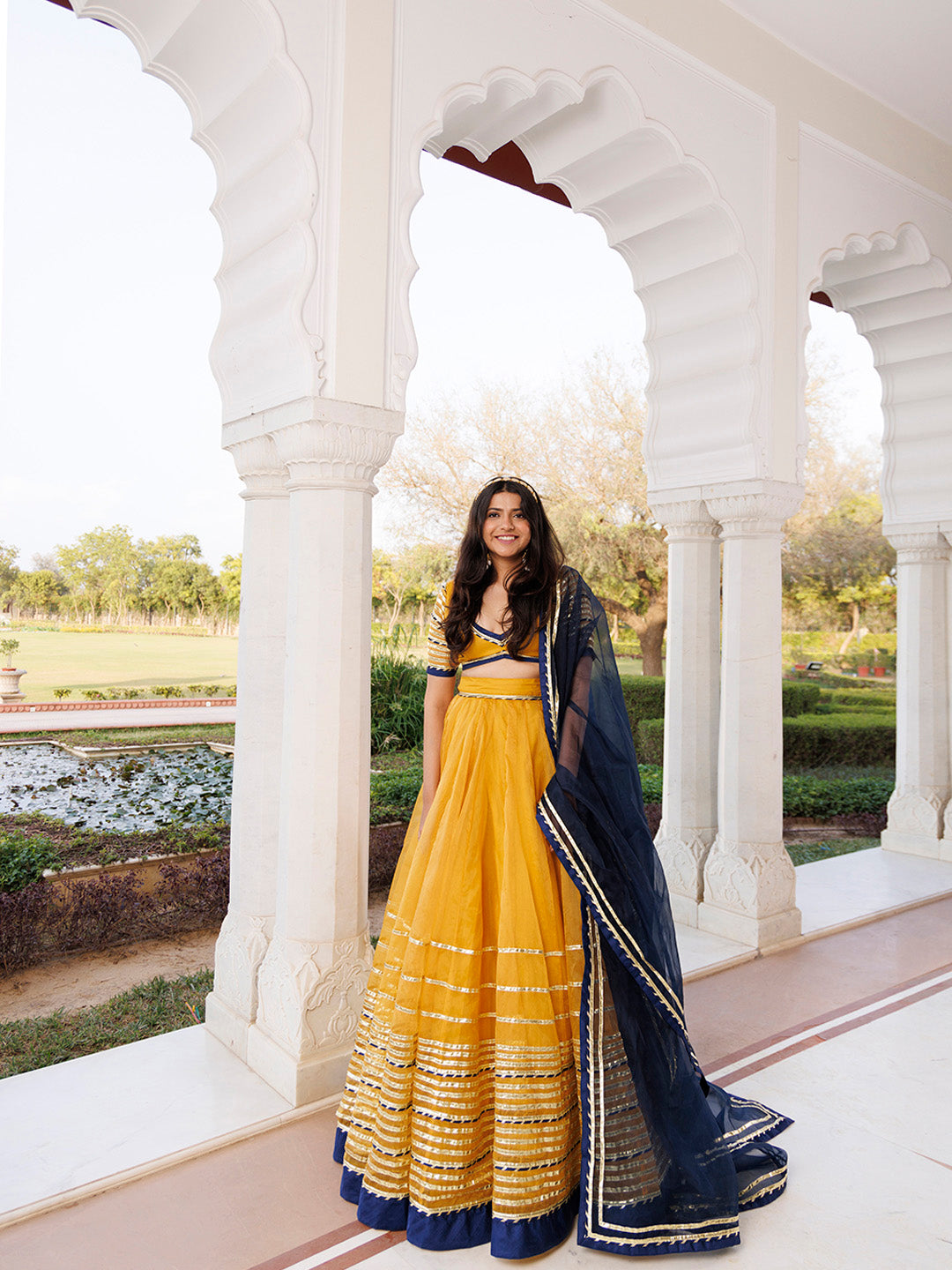 Sunset Gold Yellow and Navy Blue Lehenga Set