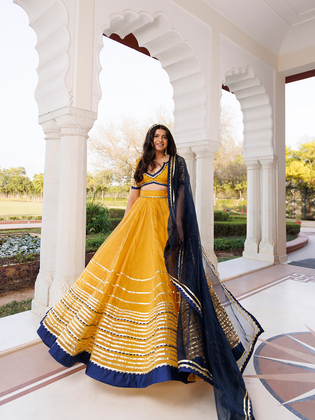 Sunset Gold Yellow and Navy Blue Lehenga Set