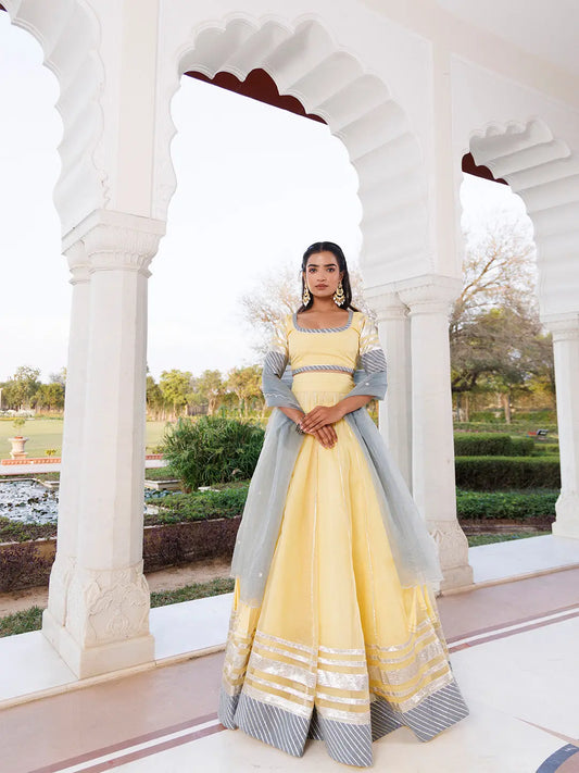 Morning Sun Yellow and Grey Organza Lehenga Set RAGAVI