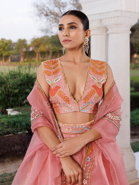 Peach Fuzz Embroidered Organza Lehenga Set