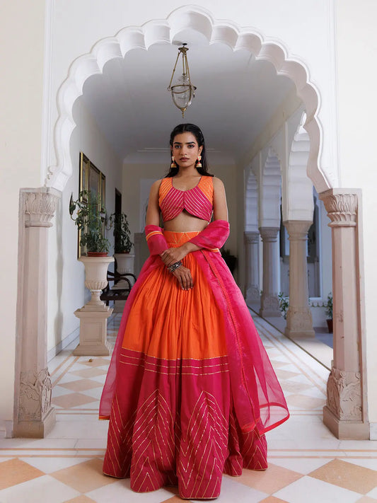 Pink Lemonade and Orange Cotton Lehenga Set RAGAVI