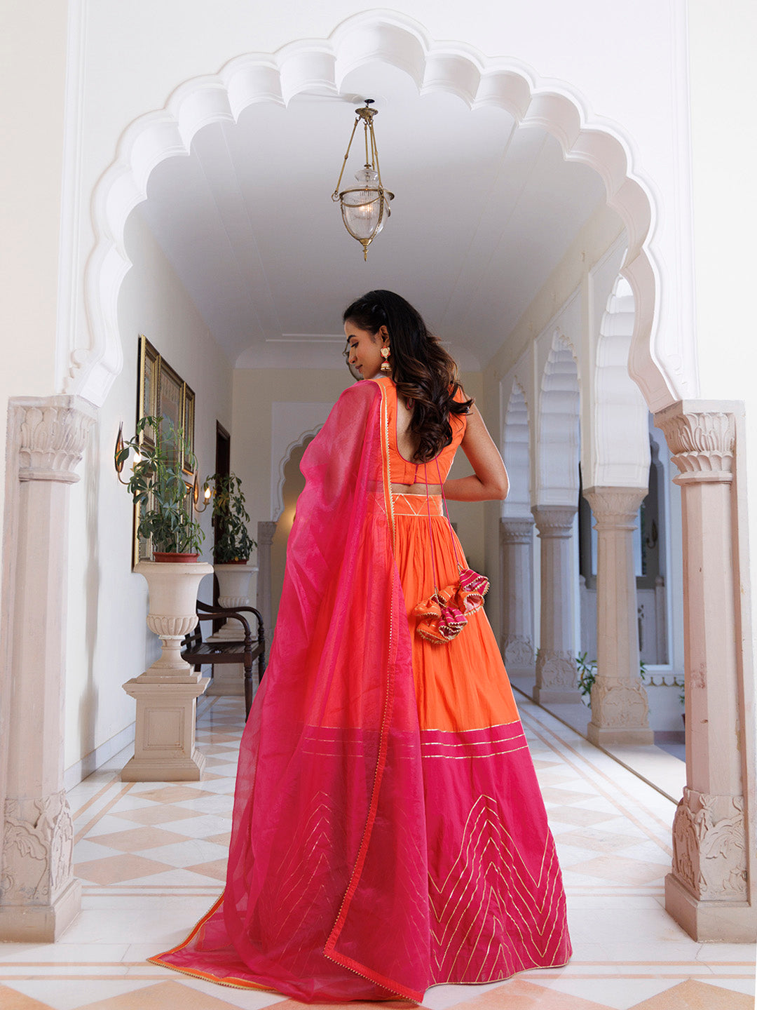 Pink Lemonade and Orange Cotton Lehenga Set