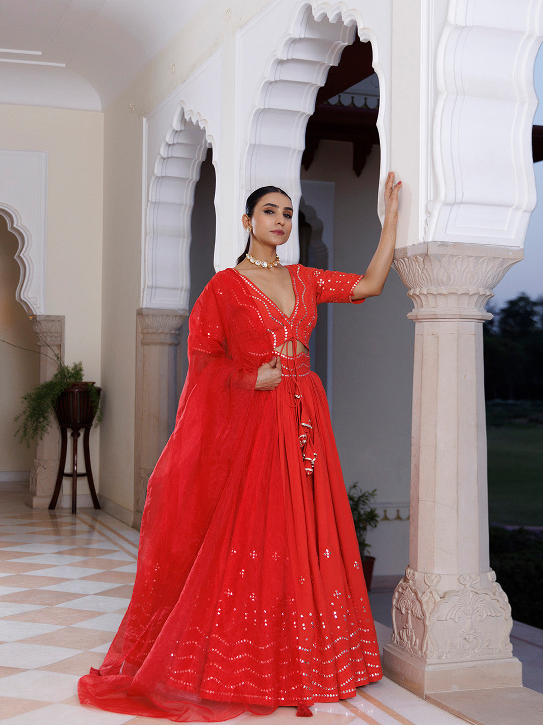 Red Cherry Mirror Work Embroidered Cotton Lehenga Set