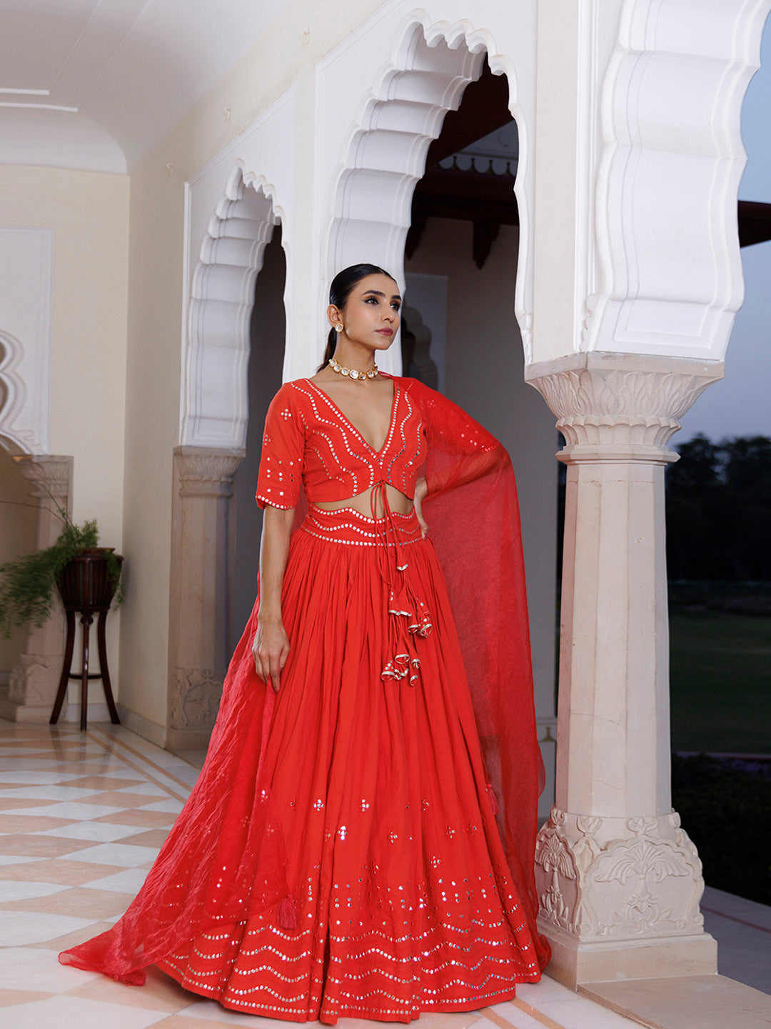 Red Cherry Mirror Work Embroidered Cotton Lehenga Set