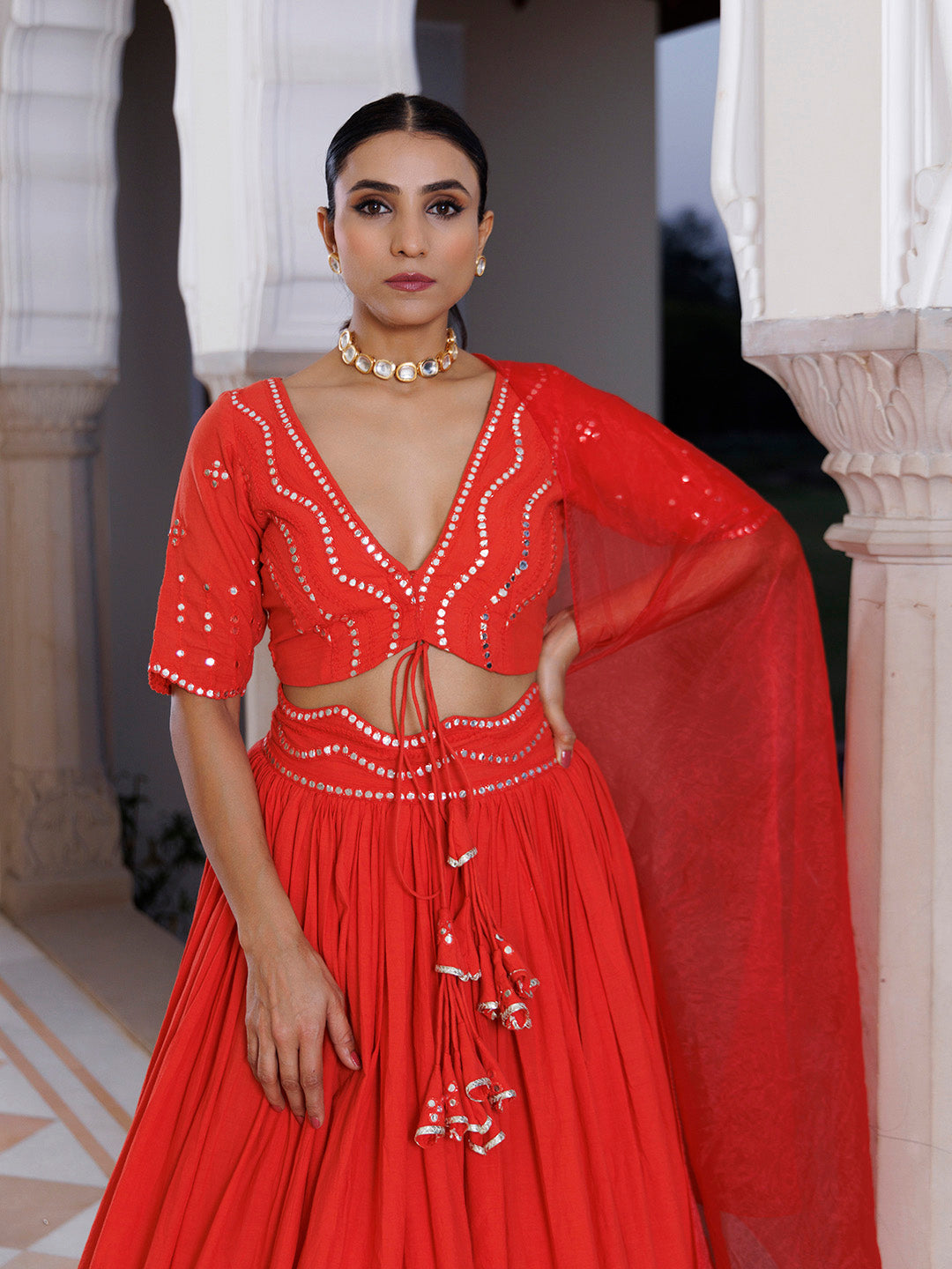 Red Cherry Mirror Work Embroidered Cotton Lehenga Set