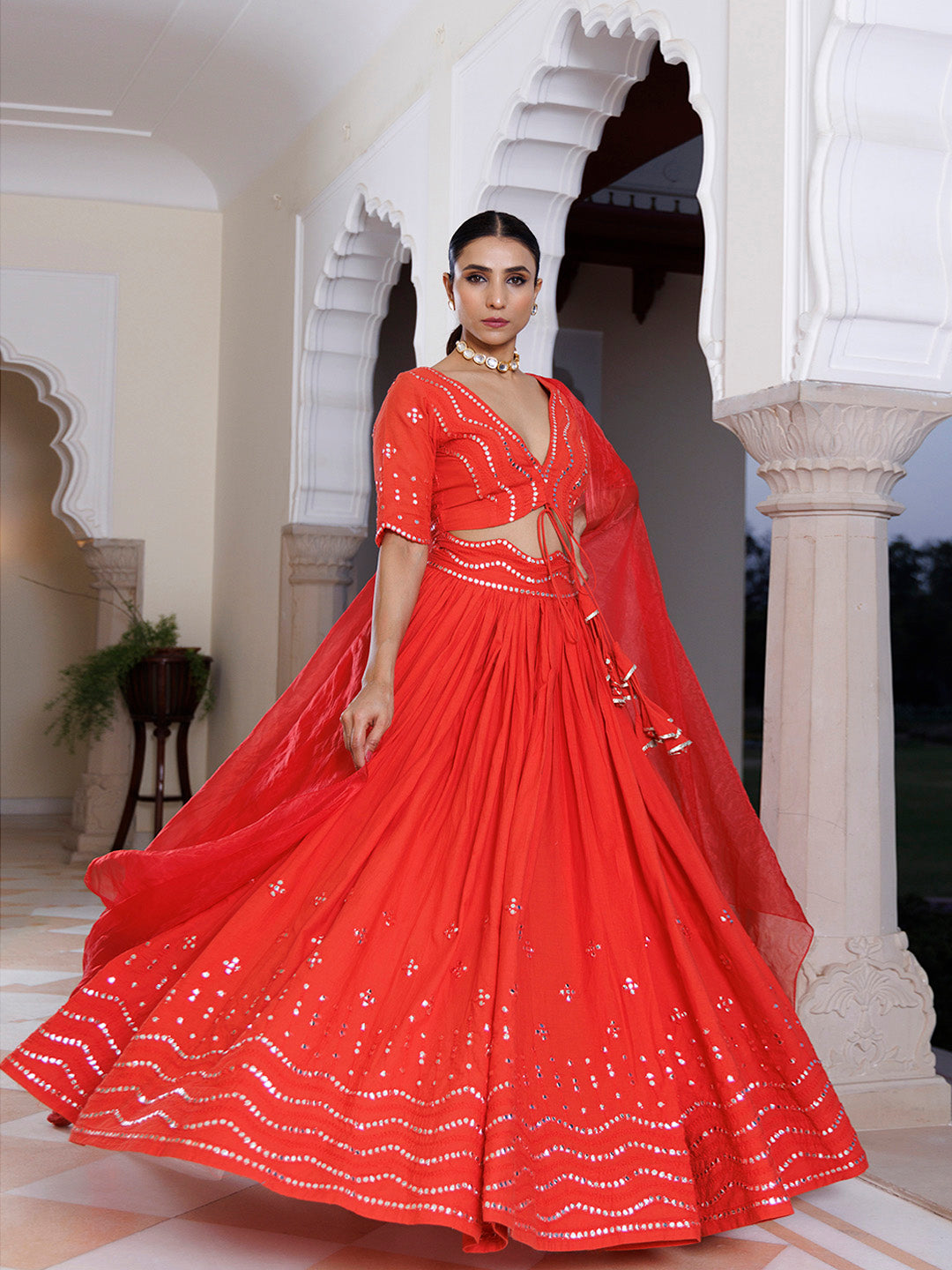Red Cherry Mirror Work Embroidered Cotton Lehenga Set