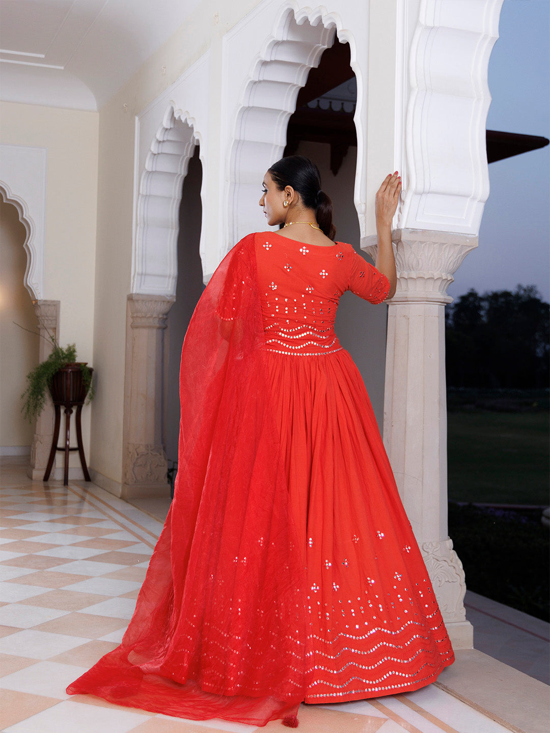 Red Cherry Mirror Work Embroidered Cotton Lehenga Set