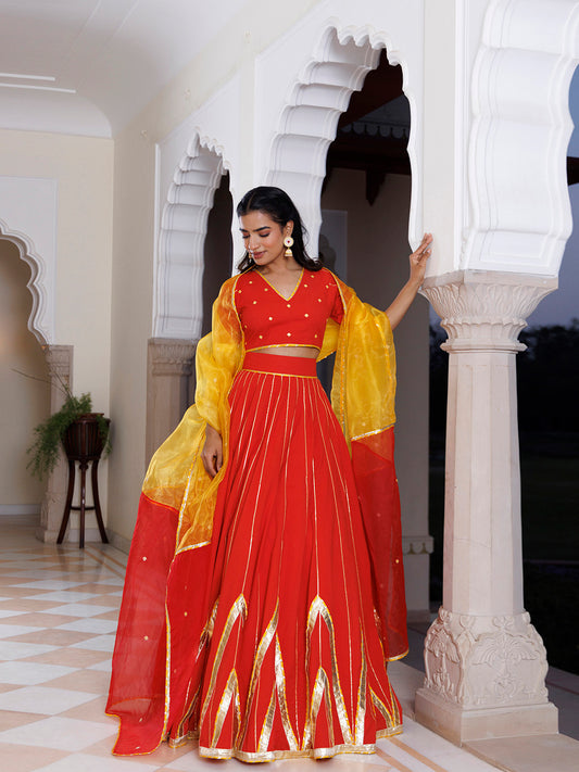 Red Alert and Yellow Cotton Lehenga Set