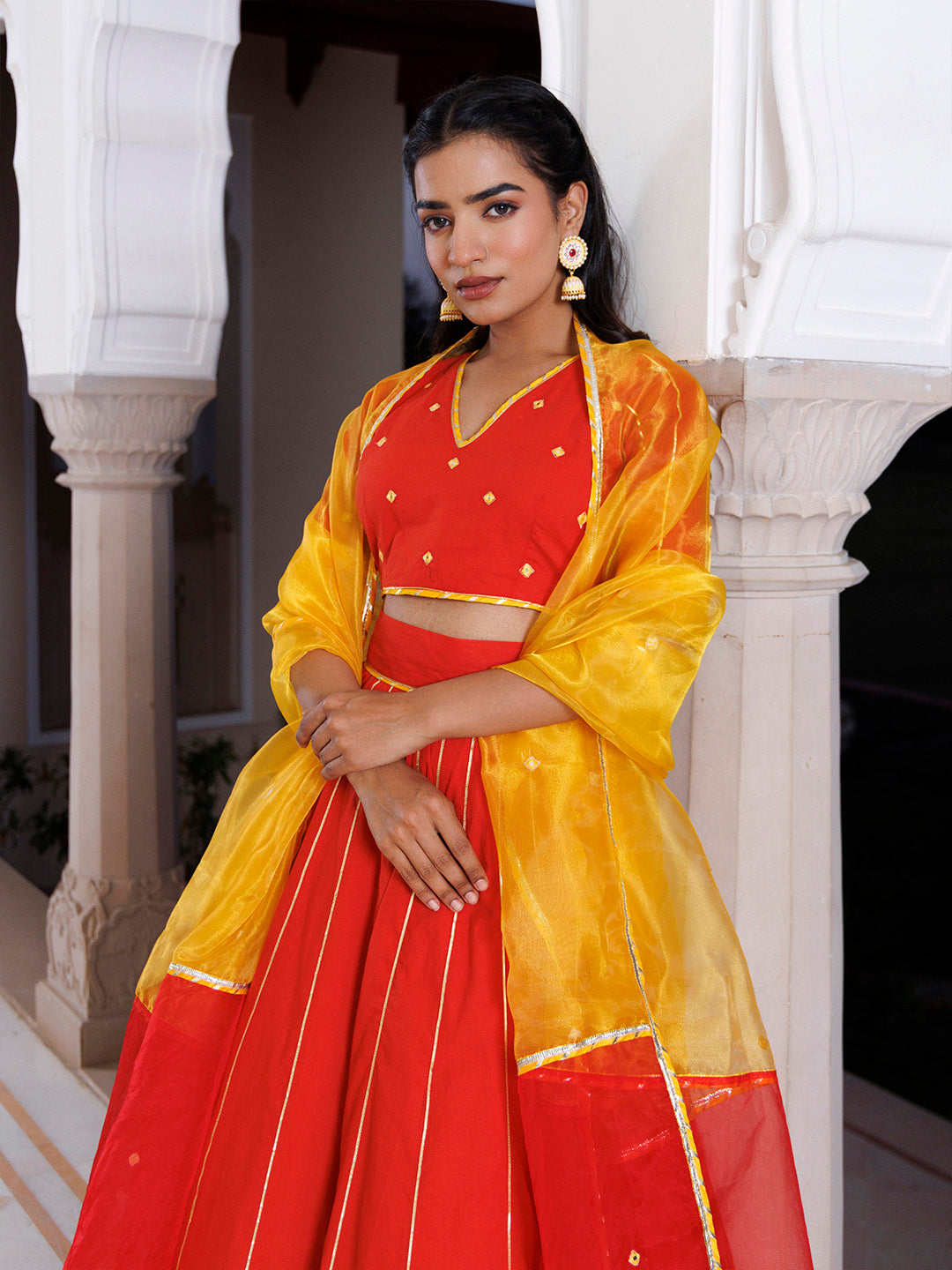 Red Alert and Yellow Cotton Lehenga Set