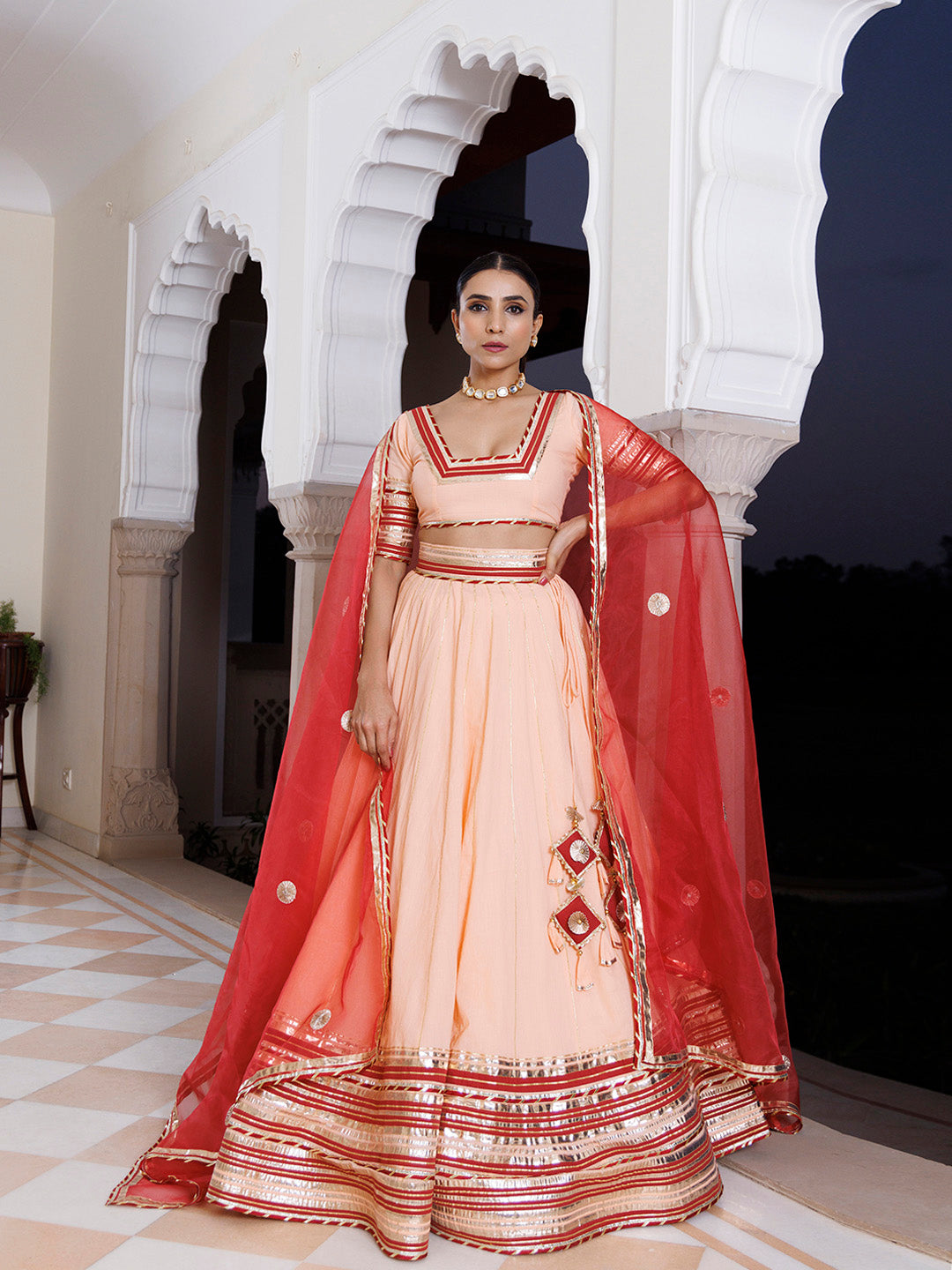 Vanilla Pink and Red Cotton Lehenga Set