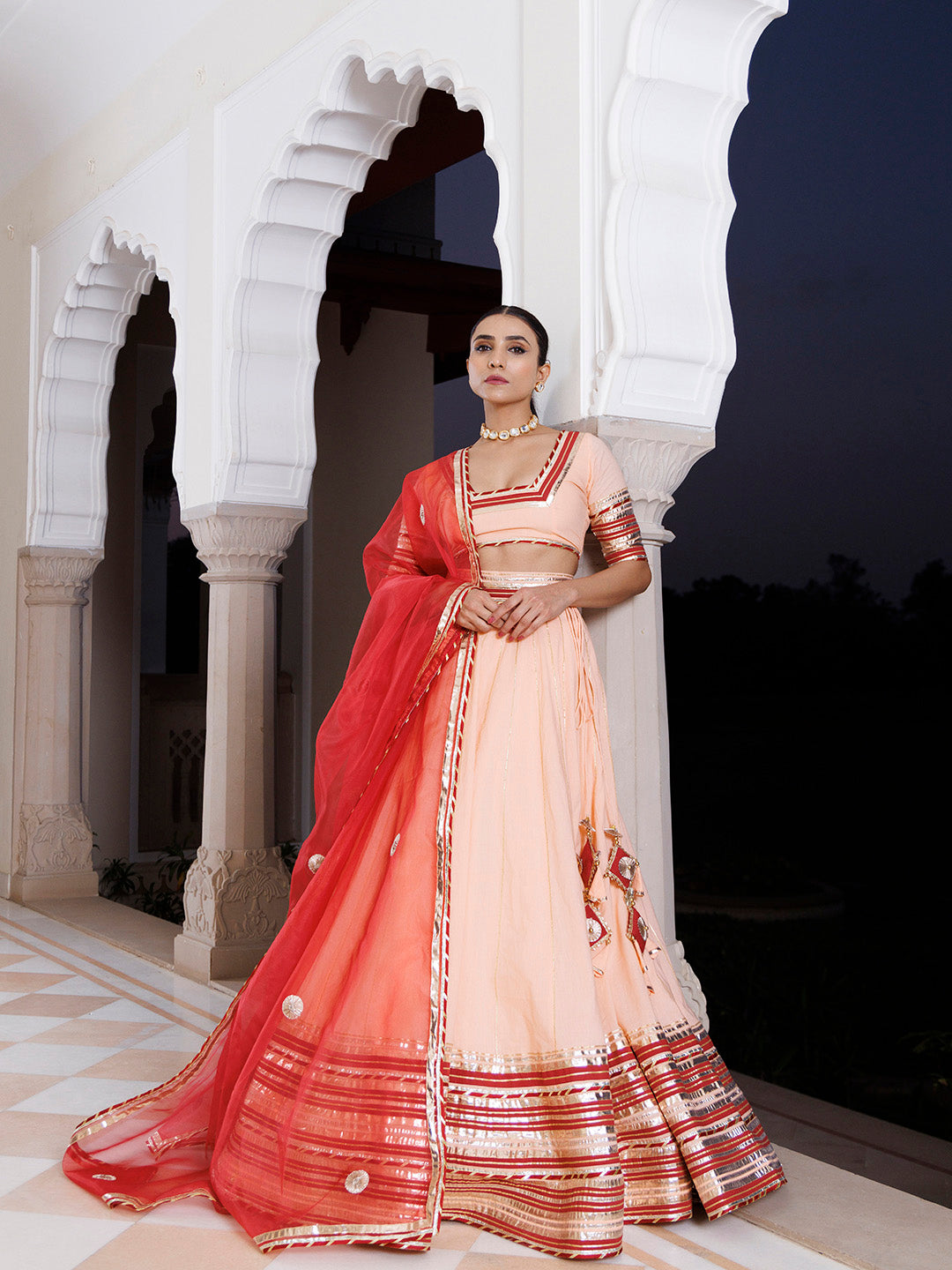 Vanilla Pink and Red Cotton Lehenga Set