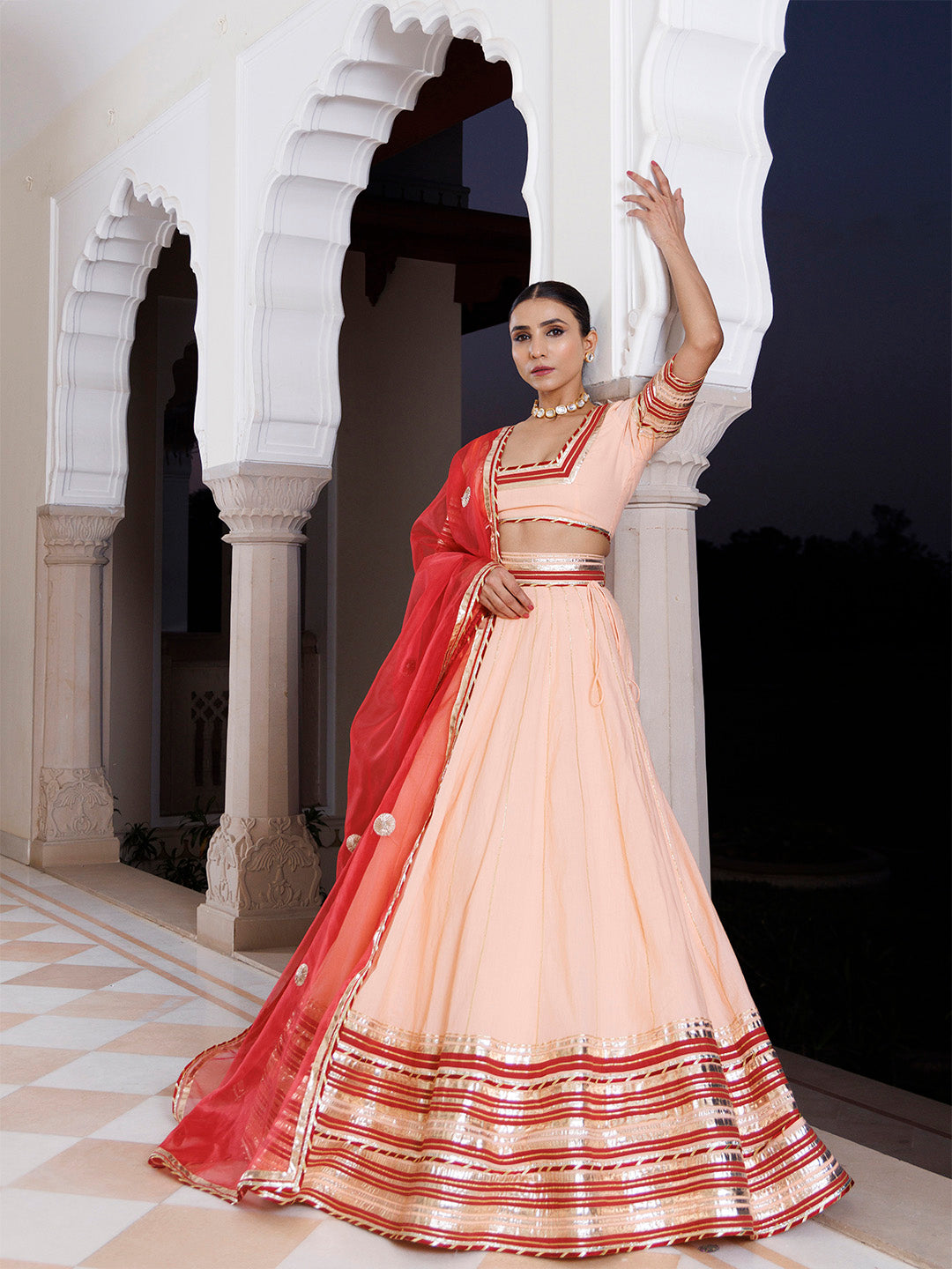 Vanilla Pink and Red Cotton Lehenga Set