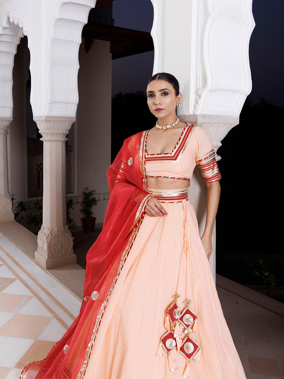 Vanilla Pink and Red Cotton Lehenga Set