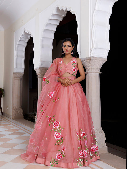 Eleganca in Bloom Pink Handpainted Organza Lehenga Set