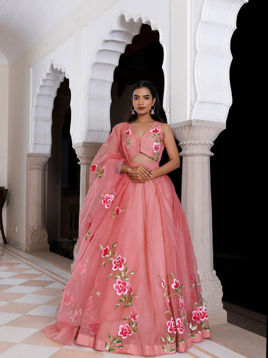 Eleganca in Bloom Pink Handpainted Organza Lehenga Set RAGAVI