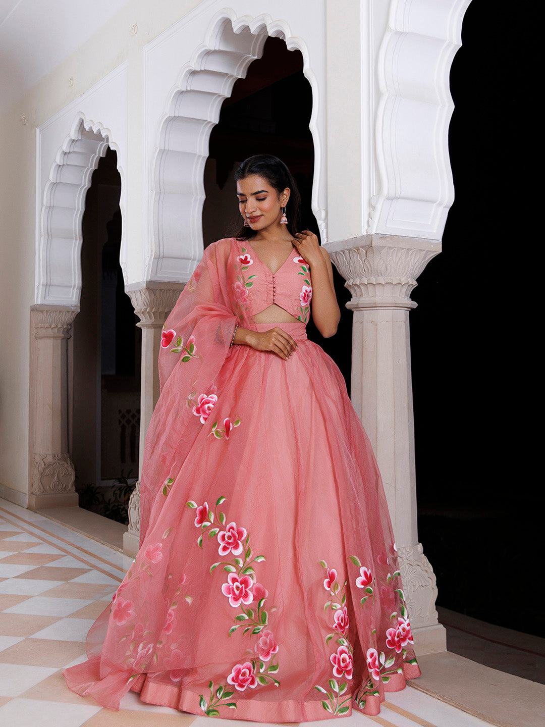 Eleganca in Bloom Pink Handpainted Organza Lehenga Set