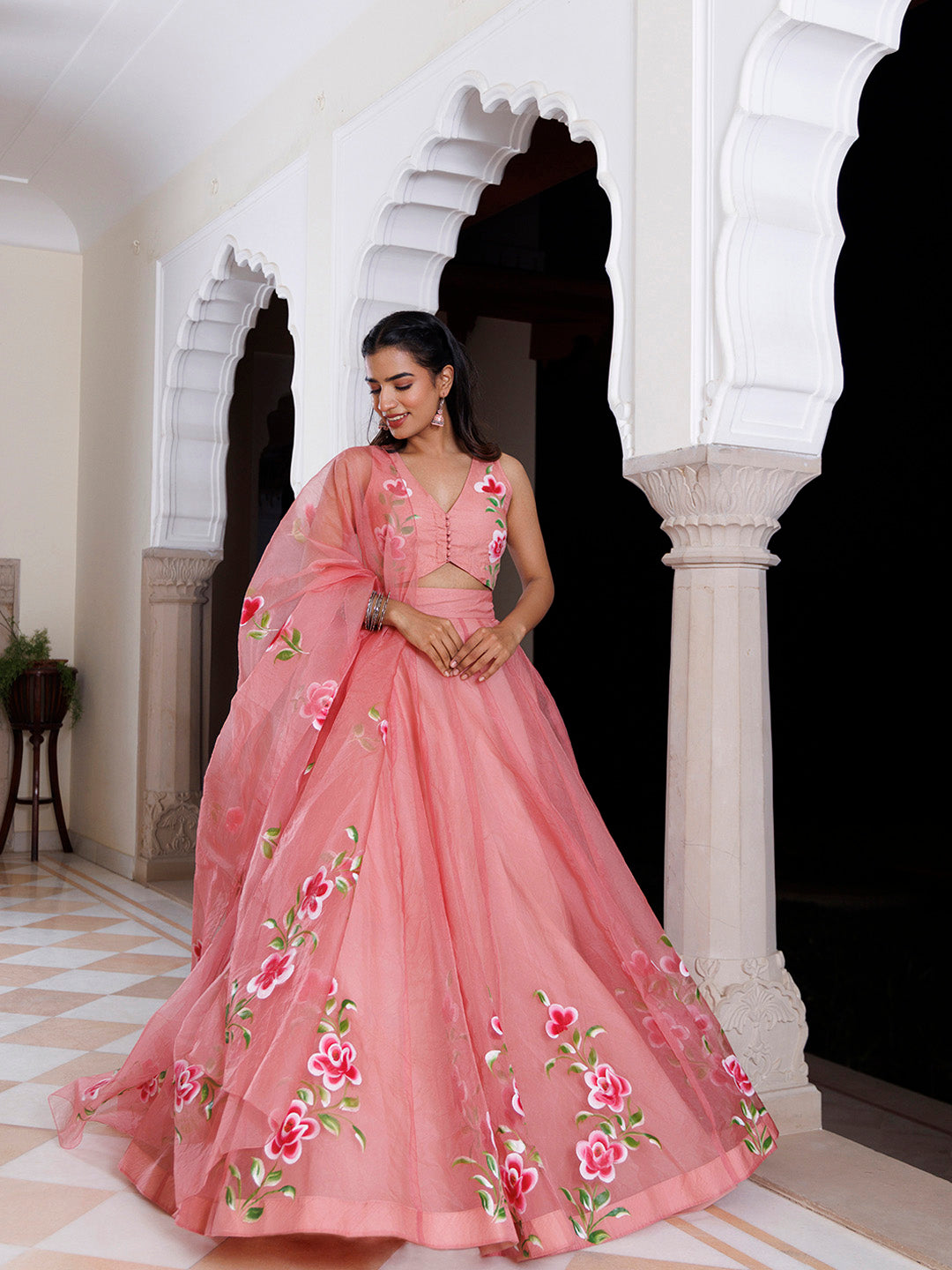 Eleganca in Bloom Pink Handpainted Organza Lehenga Set