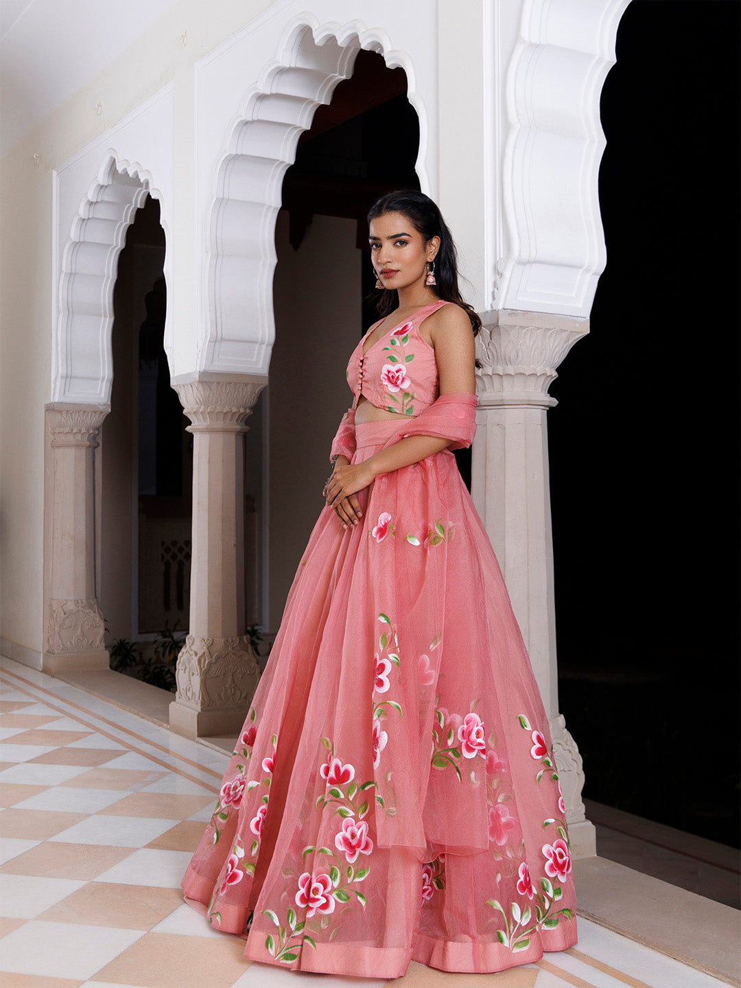 Eleganca in Bloom Pink Handpainted Organza Lehenga Set