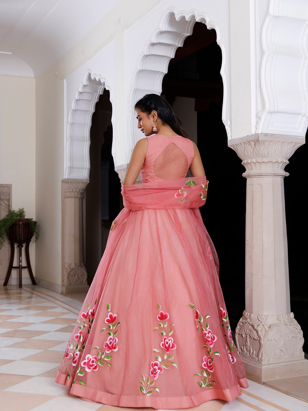 Eleganca in Bloom Pink Handpainted Organza Lehenga Set